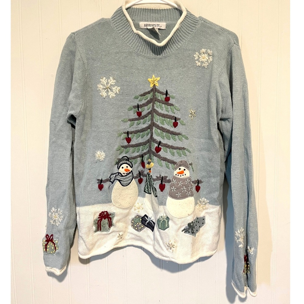 Arriviste Sweater Women S Blue Christmas Snowman Tree Penguin Knit Holiday